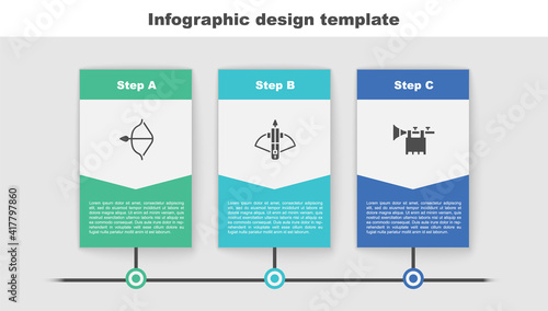 Set Medieval bow and arrow, Battle crossbow with and Trumpet flag. Business infographic template. Vector.