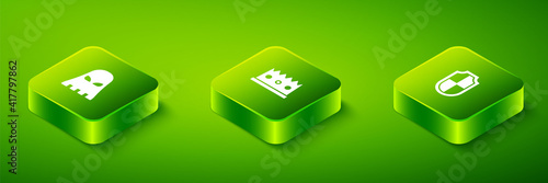 Set Isometric King crown, Shield and Executioner mask icon. Vector.