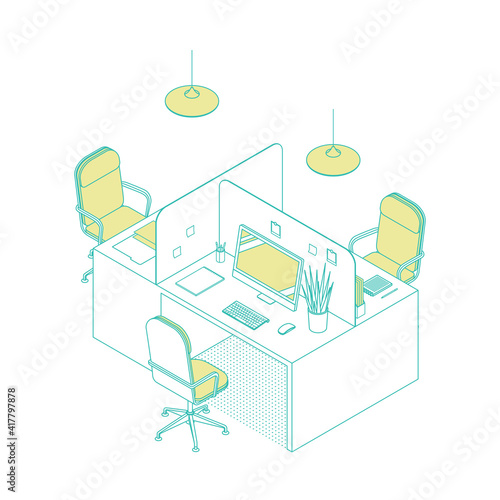 Modern isometric office cubicles on white. Vector illustration in flat design, isolated. Outlined, linear style.
