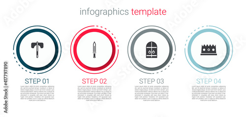 Set Medieval axe, sword, castle gate and King crown. Business infographic template. Vector.