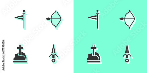 Set Dagger, Medieval flag, Sword in the stone and bow and arrow icon. Vector.
