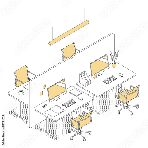 Modern isometric office desks on white. Vector illustration in flat design, isolated. Outlined, linear style.