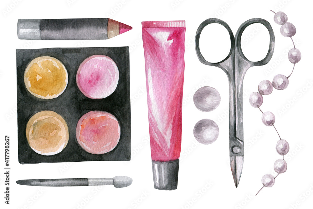 Naklejka premium A set of decorative cosmetics. Eyeshadow palette, nail scissors and pearl thread. Aquarium drawing.