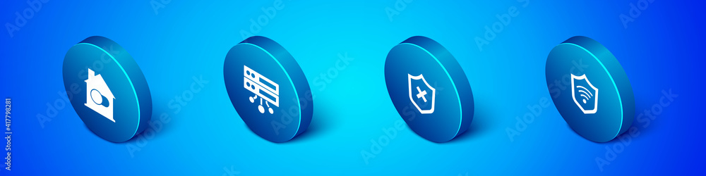 Set Isometric Smart home, Shield with cross mark, WiFi wireless and Server, Data, Web Hosting icon. Vector. Set Isometric Smart home, Shield with cross mark, WiFi wireless and Server, Data, Web Hosting icon. Vector.