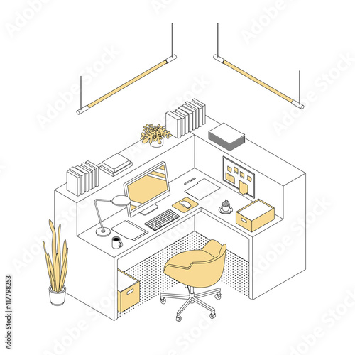 Modern isometric office reception desk on white. Vector illustration in flat design, isolated. Outlined, linear style.