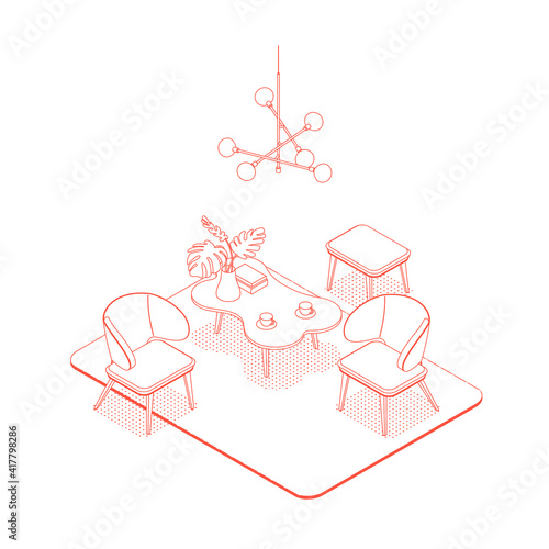 Modern red isometric lobby room on white. Vector illustration in flat design, isolated. Outlined, linear style.
