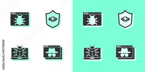 Set Browser incognito window, System bug, on monitor and Shield and eye icon. Vector.