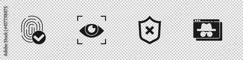 Set Fingerprint, Eye scan, Shield with cross mark and Browser incognito window icon. Vector.