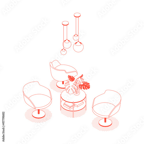 Isometric red hotel lobby, restaurant, cafe. Vector illustration in flat design. Outlined, linear style.
