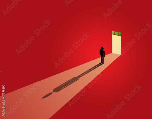 Illustration with a man standing in front of exit. He wants to leave premises. Exit as symbol of solution to problem. Concept person has found a solution to his problem. Exit of a difficult situation © Grispb