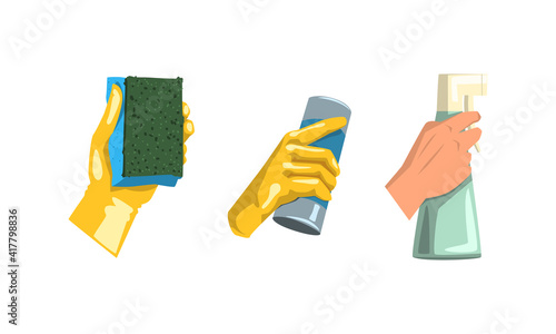 Hands with Cleaning Tools Set, Hand Holding Sponge, Powder, Spray Bottle Cartoon Vector Illustration