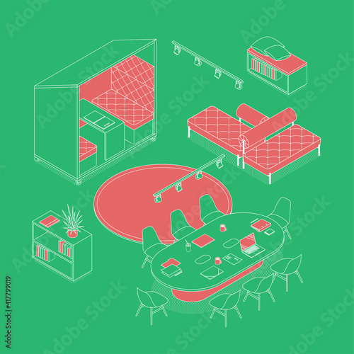 Isometric office interior - desks, conference table, furnitures and appliances. Vector illustration in flat design, isolated. Outlined, linear style.
