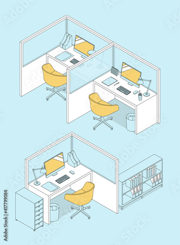 Isometric office interior - desks, conference table, furnitures and appliances. Vector illustration in flat design, isolated. Outlined, linear style.