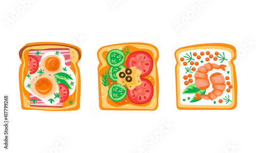 Set of Toast Bread with Different Healthy Toppings, Sandwiches with Egg, Ham, Cheese, Cucumber, Shrimps and Caviar, Top View Flat Vector Illustration