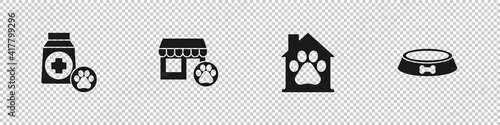 Set Bag of food, Veterinary hospital, Pet house and bowl icon. Vector.