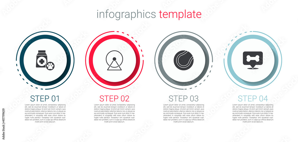 Set Bag of food, Hamster wheel, Tennis ball and Dog bone. Business infographic template. Vector. Set Bag of food, Hamster wheel, Tennis ball and Dog bone. Business infographic template. Vector.