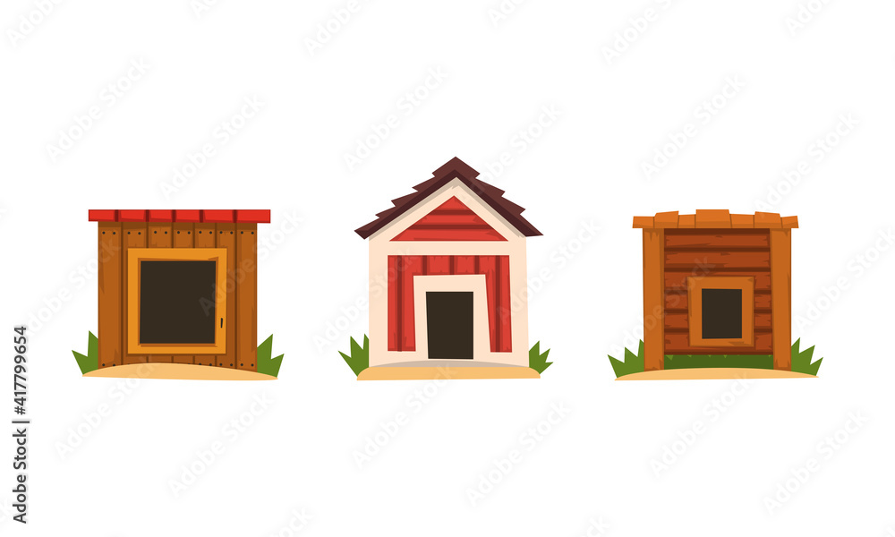 Set of Wooden Doghouses, Small House for Dogs at Backyard Cartoon Vector Illustration Set of Wooden Doghouses, Small House for Dogs at Backyard Cartoon Vector Illustration