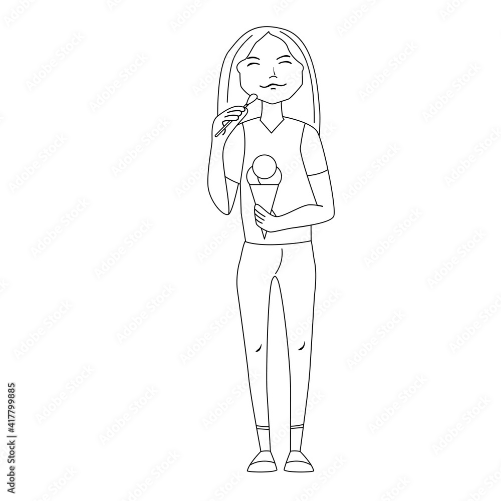 Young woman standing and eating ice-cream. Black and white illustration. Can be used for coloring book. Young woman standing and eating ice-cream. Black and white illustration. Can be used for coloring book.