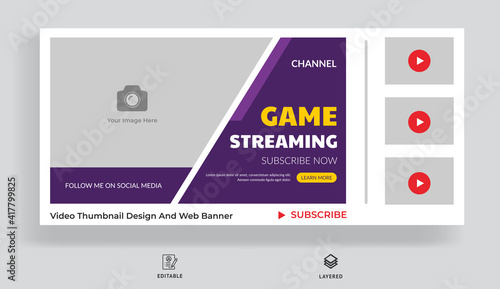 Video game streaming and review video thumbnail and web banner template. Video cover photo design for social media