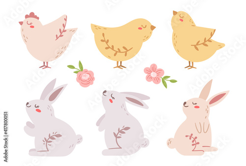 Pastel Easter kids clipart set, boho Easter rabbit and little chickens, cute cartoon baby animals and flowers isolated elements on white, vector illustration