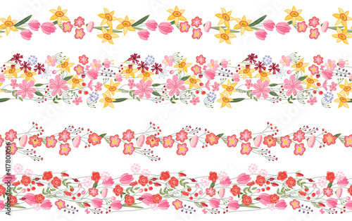 Endless borders with spring and summer flowers. Illustration can be used for floral and festive decoration.