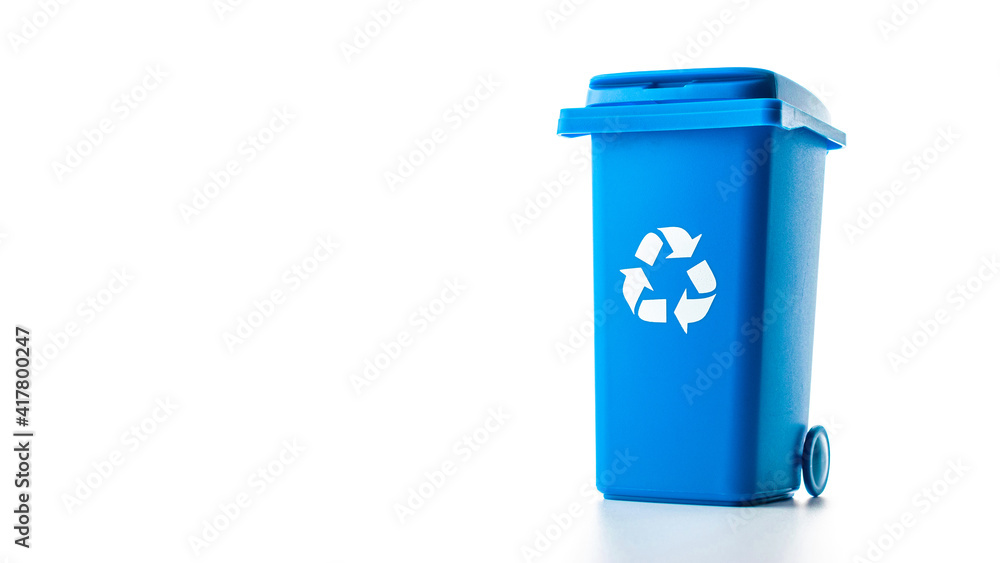 Trash bin. Blue dustbin for recycle paper trash isolated on white background. Container for disposal garbage waste and save environment. Trash bin. Blue dustbin for recycle paper trash isolated on white background. Container for disposal garbage waste and save environment.