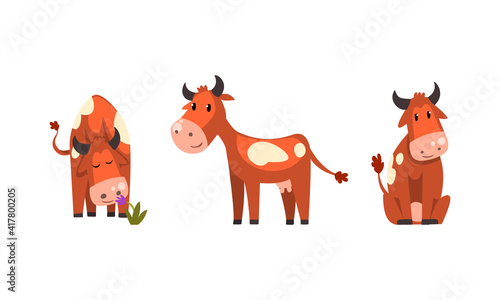 Set of Brown Spotted Cow in Various Actions  Cute Funny Farm Animal Cartoon Character Vector Illustration