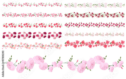 Endless borders with spring and summer flowers. Illustration can be used for floral and festive decoration.