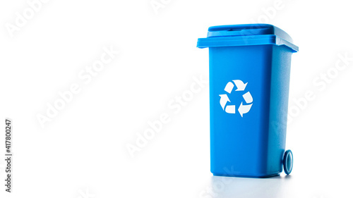Trash bin. Blue dustbin for recycle paper trash isolated on white background. Container for disposal garbage waste and save environment.