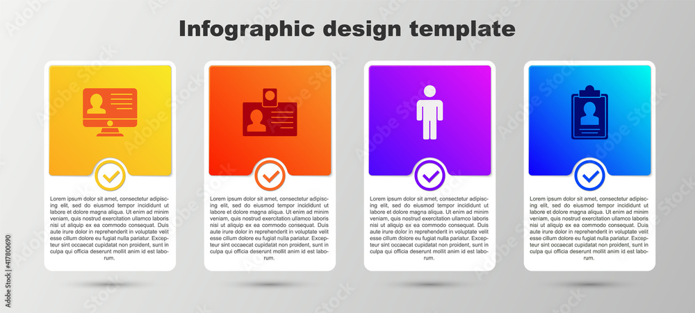 Set Monitor with resume, Identification badge, User of man and Clipboard. Business infographic template. Vector. Set Monitor with resume, Identification badge, User of man and Clipboard. Business infographic template. Vector.