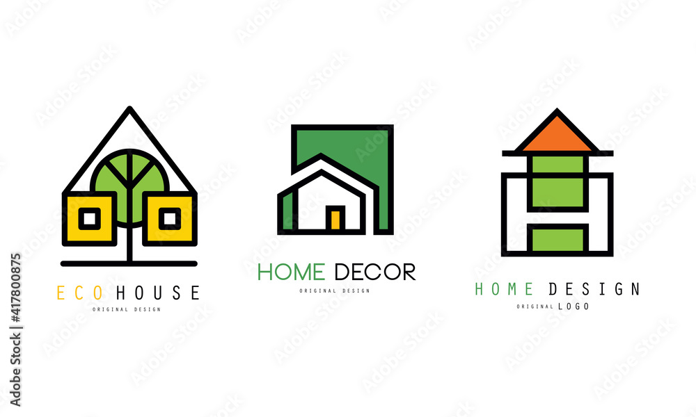 Eco House Home Design Green Logo Design Templates Set, Real Estate, Construction Company, Architect Bureau Badges Flat Vector Illustration Eco House Home Design Green Logo Design Templates Set, Real Estate, Construction Company, Architect Bureau Badges Flat Vector Illustration
