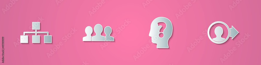 Set paper cut Hierarchy organogram chart, Users group, Head with question mark and Create account screen icon. Paper art style. Vector. Set paper cut Hierarchy organogram chart, Users group, Head with question mark and Create account screen icon. Paper art style. Vector.