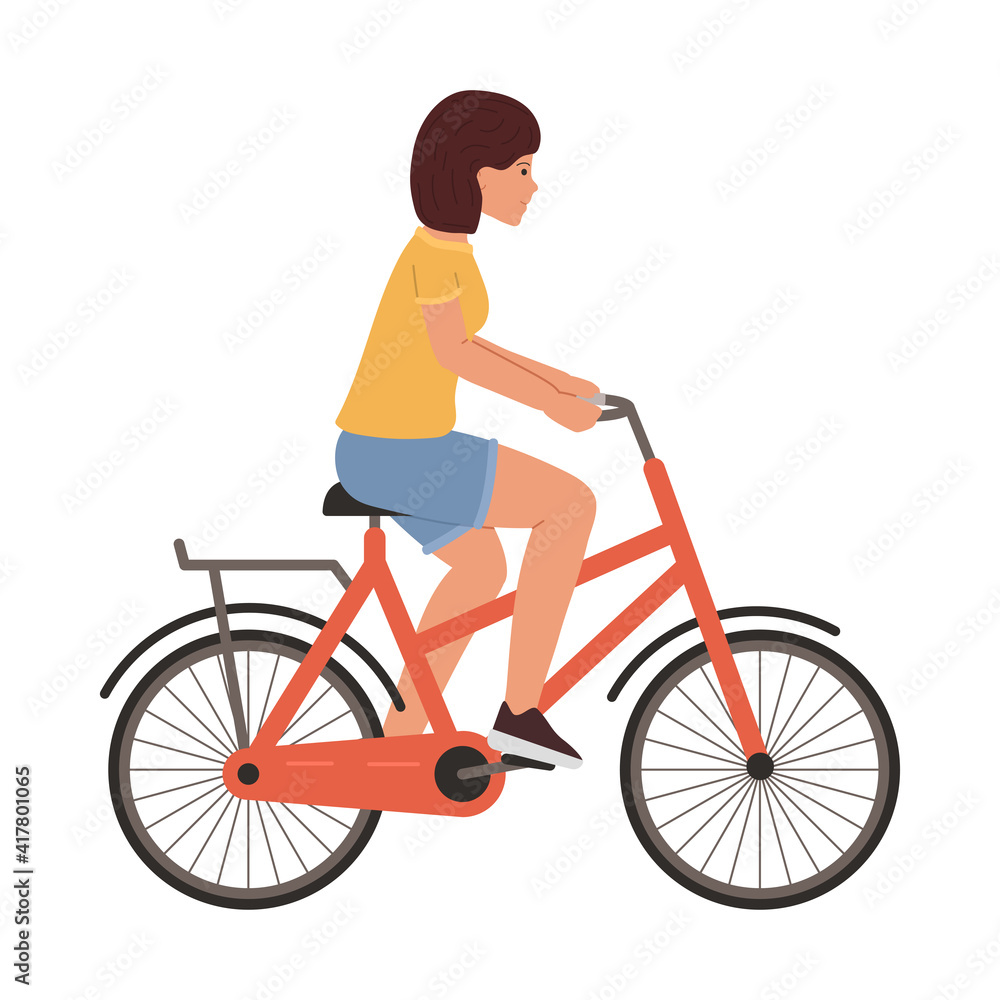 Obraz premium Young woman rides a bicycle vector illustration isolated on white background