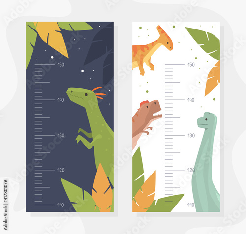 Set of Kids Height Chart with Funny Dinosaurs Animals, Childish Meter Wall for Nursery Design Cartoon Vector Illustration