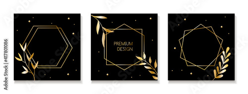 Dark vector backgrounds for social media posts with golden frames and leaves. Luxury design templates for instagram