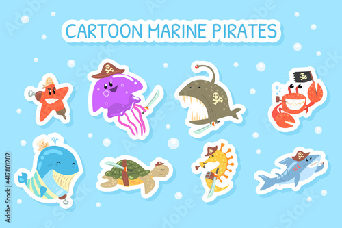 Cartoon Marine Pirate Stickers, Funny Marine Creature Characters Colorful Patches Vector Illustration