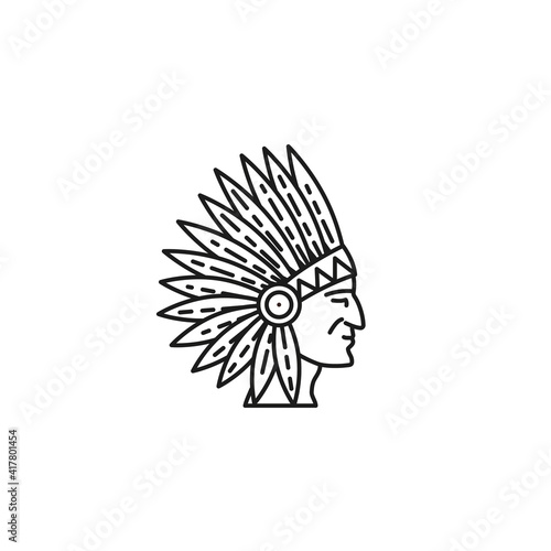 Native american indian head with traditional headdress vector line icon