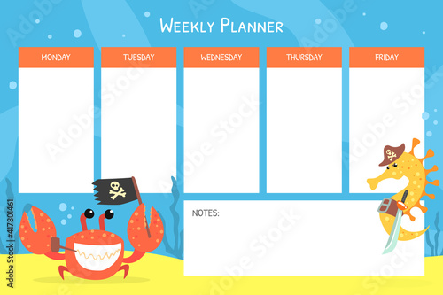 Weekly Planner with Funny Marine Animals, Stationery Organizer for Daily Plans Cartoon Vector Illustration