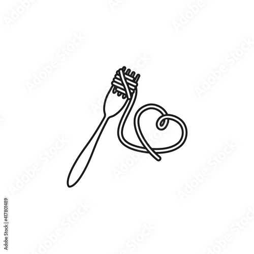 Fork with spaghetti pasta in a heart shape vector line icon