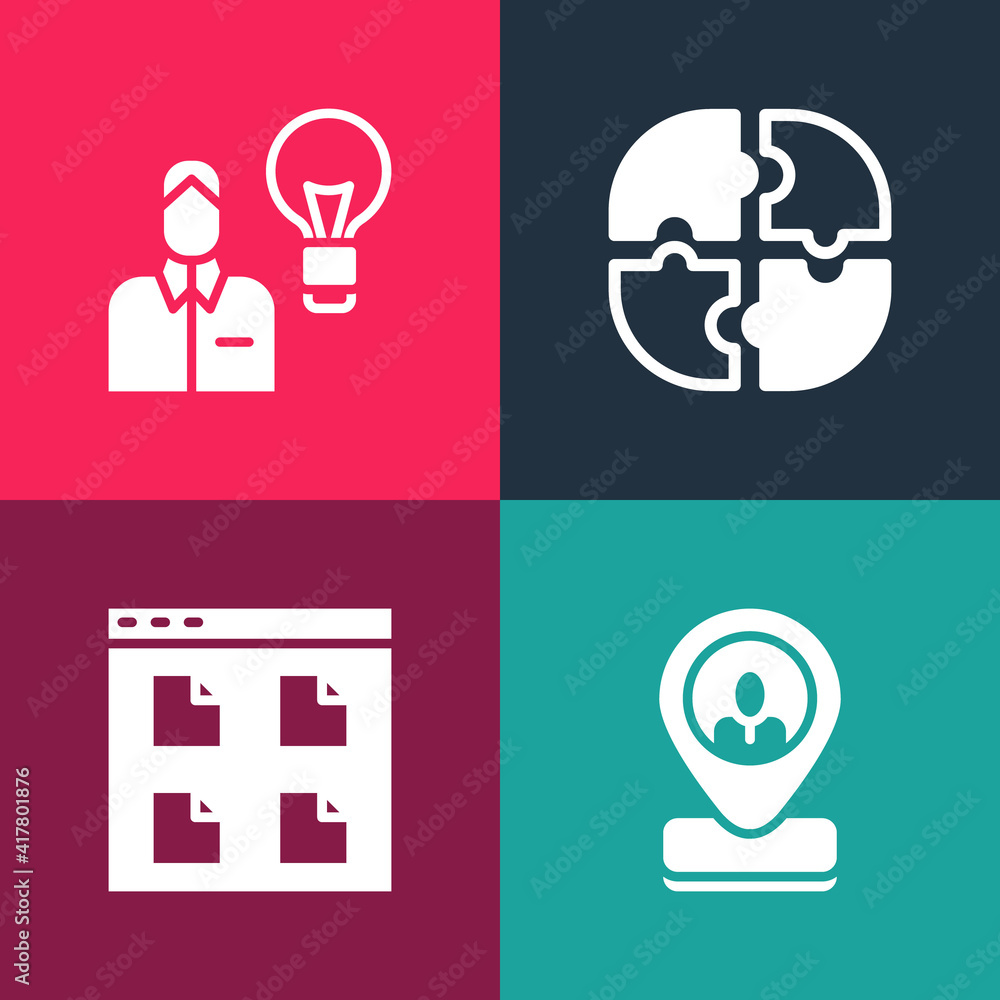 Set pop art Worker location, Browser files, Piece of puzzle and Human with lamp bulb icon. Vector. Set pop art Worker location, Browser files, Piece of puzzle and Human with lamp bulb icon. Vector.