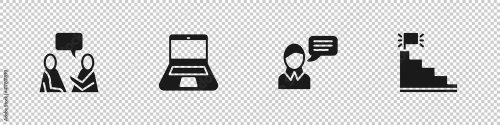 Set Two sitting men talking, Laptop, Speech bubble chat and Stair with finish flag icon. Vector. Set Two sitting men talking, Laptop, Speech bubble chat and Stair with finish flag icon. Vector.