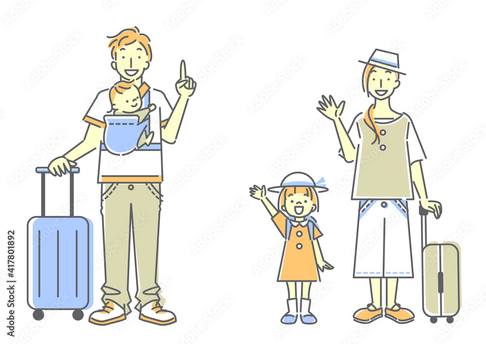 楽しく旅行へ出かける四人家族のシンプルでおしゃれな線画イラスト　パステルカラー　肌色あり