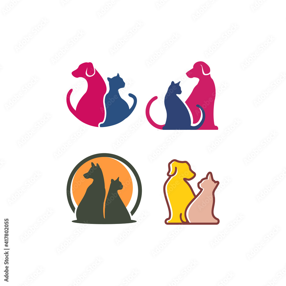 Obraz premium set of Cute funny cats and dogs logo, pets cartoon collection. Furry human friends home animals