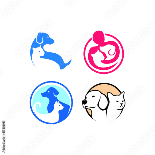 set of Cute funny cats and dogs logo, 
pets cartoon collection. Furry human friends home animals