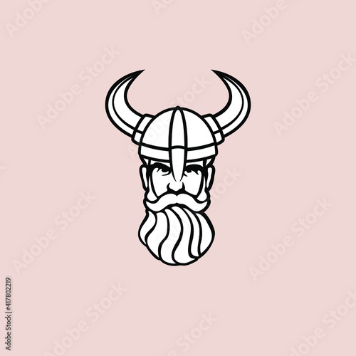 Head of bearded viking warrior with horned helmet.