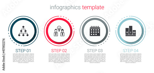 Set Hierarchy organogram chart, People with lamp bulb, Calendar and Award over winner podium. Business infographic template. Vector.