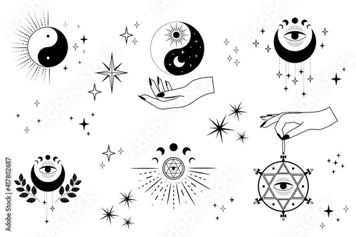 Set of magical line symbols and icons in modern minimalist style. for logo, decoration. Vector flat illustration