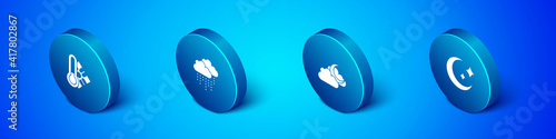 Set Isometric Meteorology thermometer, Cloud with moon, Moon and stars and rain icon. Vector.