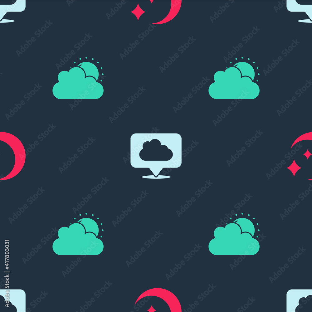 Set Moon and stars, Location cloud and Sun weather on seamless pattern. Vector. Set Moon and stars, Location cloud and Sun weather on seamless pattern. Vector.