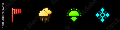 Set Cone windsock wind vane, Cloud with rain, Sunset and Snowflake icon. Vector.